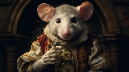an enormous rat in a black costume holding a clock, captured in a photorealistic portrait style reminiscent of enchanting realms. this baroque-inspired portraiture showcases intricate details through macro photography, highlighting the rat's ivory-like features. the eccentric props and meticulous rendering in maya add a touch of whimsy to this captivating image. ai generatedの素材