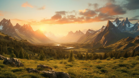 mountains with trees and a stunning sunset create a serene pastoral scene in this hd wallpaper. the vibrant colors of blue, red, green, and yellow, reminiscent of the style of jessica rossier, enhance the beauty of the landscape. captured with a canon eos 5d mark iv, this breathtaking image evokes the artistic influences of terry redlin and albert edelfelt. prepare to be amazed by theの素材