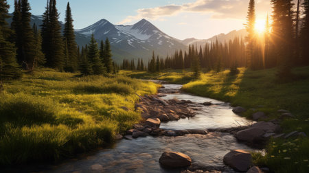 a stunning photograph captures the serene beauty of a mountain stream at sunset. the sun's warm glow illuminates the picturesque landscape, creating a sublime wilderness scene reminiscent of dmitry kustanovich's style. this national geographic photo showcases the tranquil and pastoral ambiance of the mountains, enhanced by the use of vray tracing and post-painterly techniques. ai generatedの素材