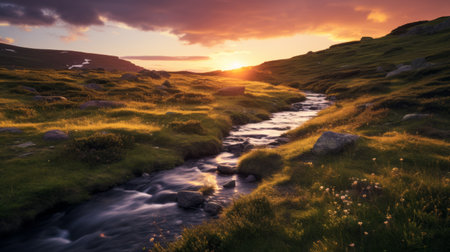 a small stream meandering through lush green grass, reminiscent of max rive's style, is captured under the enchanting light of a light violet and light amber sky. the scottish landscapes serve as a picturesque backdrop, beautifully portrayed by carsten meyerdierks. shot on fujifilm pro 400h, the image showcases a smooth and shiny aesthetic. ai generatedの素材