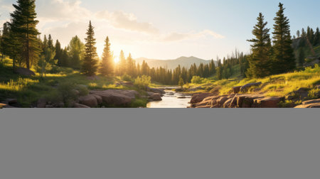 a rocky creek winds its way through the desert, creating a serene pastoral scene reminiscent of ivan shishkin's artwork. this national geographic photo captures the beauty of mountainous vistas and showcases the american tonalist style. the sun's rays shine upon the creek, adding a touch of enchantment with lens flare. ai generatedの素材