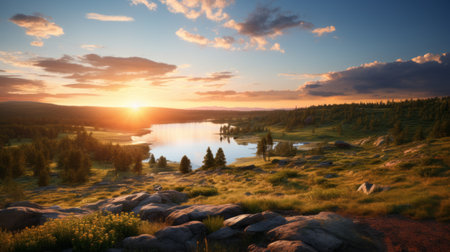 valley mountain backdrop at sunrise with a lake behind, capturing the essence of the danish golden age. this high-resolution photograph showcases the beauty of serene pastoral scenes, reminiscent of the helsinki school. the tilt-shift photography technique adds a unique touch to this national geographic-worthy image, taken with provia film. ai generatedの素材