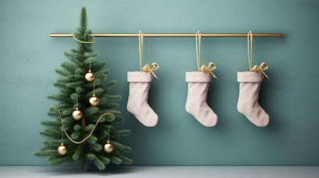 three pink stockings hang elegantly on a blue background, adorned with a beautifully decorated christmas tree. this close-up photo showcases a dark green and gold color scheme, reflecting a minimalist and anti-clutter design style. with elements of industrial and product design, the image captures the essence of luxury with light gray and light gold accents. the stunning wall hangings create a sense of opulence, allの素材