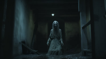 a creepy woman stands at the end of a dimly lit room, surrounded by dusty piles. the photo showcases intricate use of hatching and chalk, captured in stunning 8k resolution. with elements of zombiecore and yankeecore, this eerie image is reminiscent of an associated press photo. ai generatedの素材