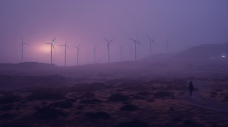 a person walks down a path beside a majestic wind turbine, creating a captivating scene reminiscent of michal karcz's artwork. the landscape is adorned with shades of purple and azure, evoking a hazy and dreamlike atmosphere. the image also reflects elements found in the works of daan roosegaarde, such as dusty piles and high-resolution details, reminiscent of marcin sobas' style. ai generatedの素材