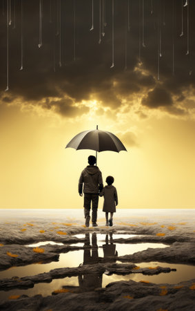 a raining cloud in the background captures the essence of childlike simplicity with its dark gold and dark amber hues. this photo tells an emotional story through its realistic yet romantic portrayal. the dramatic use of perspective and contrasting shadows adds a touch of dadaist artistry to the composition. ai generatedの素材