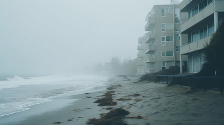 a gloomy and ethereal urban scene captured in landscape photography, showcasing a beach covered in a smokey haze. this mesmerizing image, reminiscent of the vancouver school style, features a low depth of field and a fantastical street ambiance. ai generatedの素材