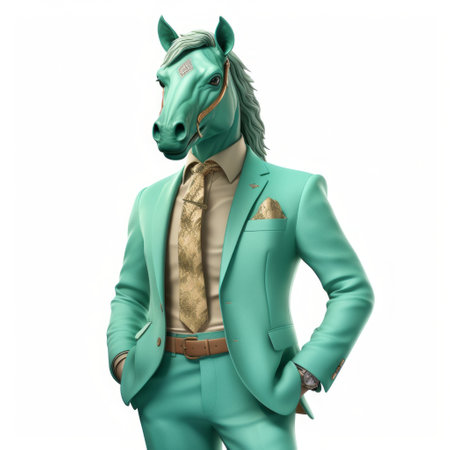 a man wearing an elegant suit balances a horse on his head in this satirical and playful artwork. the hyper-detailed rendering showcases the realistic style with a touch of whimsy. the character designs are creatively executed in light turquoise and light gold tones, adding to the overall visual appeal. created using zbrush, this green-themed image is a unique and eye-catching piece. ai generatedの素材