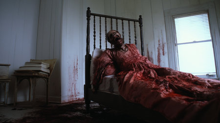 the photo captures the art direction of "the living dead" by jake heggie, resembling pinhole photography. it evokes the atmosphere of a movie still, drawing inspiration from artists such as gari melchers, cornelia parker, and janet delaney. the image showcases a unique blend of flat figuration and photorealistic detail. ai generatedの素材