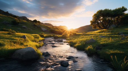 a creek gracefully winds its way through a picturesque valley, beautifully captured in the backlit photography style. this stunning uhd image showcases the pastoral landscape, enhanced by vray tracing techniques. ebru sidar's expertise in capturing texture-rich landscapes is evident in this captivating photo. ai generatedの素材