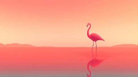 a pink flamingo gracefully walks into the sea, showcasing vibrant color gradients in a postmodern minimalist style. rendered in cinema4d, the image captivates with its soft pastel hues of light red and light amber. the kimoicore technique and monochromatic color scheme add depth and visual appeal to this stunning artwork. ai generatedの素材