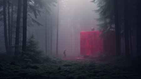 a red wall and red box stand amidst a forest, creating a hyper-realistic sci-fi scene. the mist adds an eerie touch to the haunting portraiture, which is rendered in cinema4d. these pop-inspired installations embody the cabincore aesthetic and offer emotive surreal character studies. ai generatedの素材