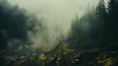a majestic mountain range stands tall against a smoky backdrop, showcasing a blend of light yellow and dark emerald hues. the gritty subject matter adds depth to the ethereal trees, creating a captivating environmental portrait. this industrial photograph captures the essence of the hudson river school, merging nature's beauty with human influence. ai generatedの素材