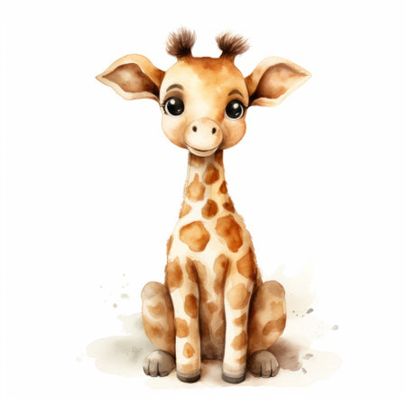a cute little watercolor cartoon baby giraffe with a strong facial expression, created in the style of hyper-realistic animal illustrations. this artwork, inspired by the works of fernando amorsolo, features charming characters and subtle tonal values. the use of zbrush and elements of hurufiyya add depth and uniqueness to the composition. ai generatedの素材