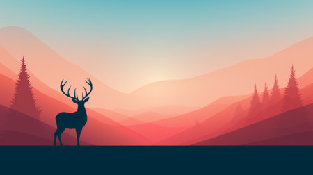 a stag stands in a mountain landscape at sunset, showcasing a colorful minimalistic style with soft gradients of dark cyan and crimson. the flattened perspective and minimalist sets enhance the lush landscape backgrounds, creating a captivating scene in fictional landscapes. ai generatedの素材