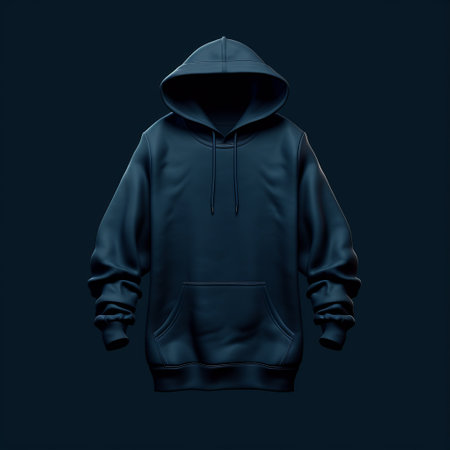 a blue hoodie mockup is showcased on a dark background, featuring highly detailed realism. the design exudes a mysterious aura with oversized objects and intricate details. the dark and brooding designer has incorporated soft gradients, resulting in a captivating and high-resolution image. ai generatedの素材