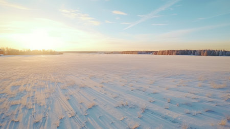 aerial footage of a winter landscape in finland, showcasing a mesmerizing blend of clouds, snow, and mists. the scene is reminiscent of emotive fields of color, with a light sky-blue and amber palette, complemented by hints of light pink. the coastal landscapes resemble brushstroke fields, captured beautifully with a leica m10 by oleksandr bogomazov. ai generatedの素材