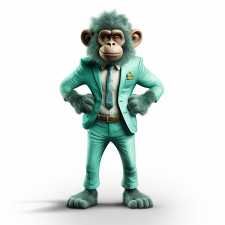a funny monkey wearing a suit stands and looks up at the audience. this light emerald and light bronze styled photo captures the monkey in a realistic and hyper-detailed rendering. taken by national geographic, this high-quality photo showcases a unique blend of corporate and punk vibes. ai generatedの素材