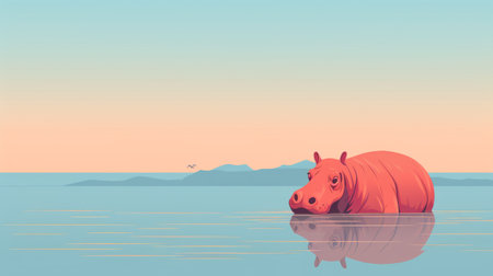 a hippo peacefully rests in the water, surrounded by a serene landscape of light red and sky-blue hues. the scene evokes a sense of romantic solitude, with expansive horizons and detailed character design. this captivating photograph by scarlett hooft graafland showcases bold chromaticity, creating a visually striking composition. ai generatedの素材