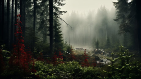 a stunning photograph capturing a forest adorned with vibrant red flowers and majestic trees. this captivating image showcases a layered and atmospheric landscape, reminiscent of epic portraiture. with a touch of mist and a whistlerian aesthetic, it beautifully depicts the everyday life of a wilderness, reminiscent of a national geographic photo. ai generatedの素材