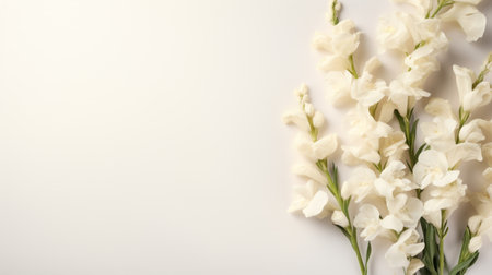 white flowers against a white background create a minimalist and elegant composition. the copy space allows for versatile usage. this uhd image captures the essence of petrina hicks' style, with bold chromaticity reminiscent of george clausen and hyacinthe rigaud. the simplicity of the monochromatic color palette adds a touch of realism and romance to the scene. ai generatedの素材