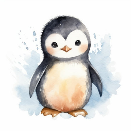 watercolor penguin illustration with a whimsical yet eerie style, featuring thick paint and realistic watercolor techniques. this cute penguin, created by a contest-winning illustrator known for their whimsical children's book illustrations and realistic animal portraits, showcases impressive wet-on-wet blending. ai generatedの素材