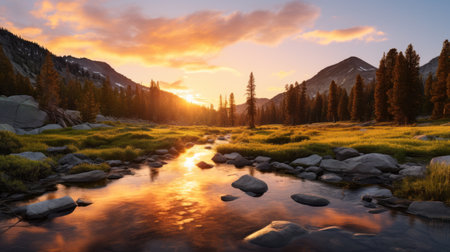 a small river flows gently through a picturesque meadow, surrounded by rocks and trees. the scene is bathed in the warm hues of a sunset, creating a stunning display of light and colors. this ethereal landscape, captured with a canon eos 5d mark iv, showcases the beauty of nature in a style reminiscent of california impressionism and whistlerian art. the uhd image reveals the intricateの素材