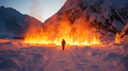 a woman braving the snowy landscape, a flame leading her path. this epic photograph captures the monumental scale of nature, reminiscent of breathtaking landscapes seen in documentaries and national geographic. the dusty piles of snow add to the rugged beauty, creating a scene worthy of an imax experience. the mountainous vistas serve as a stunning backdrop to this captivating image. ai generatedの素材