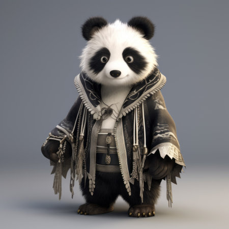 a panda-style animation featuring a character dressed in a black and white outfit, inspired by the zbrush technique. the character embodies elements of steampunk creatures and the vibrant costumes of the yuan dynasty. the animation showcases a fusion of colorful costumes, reminiscent of the konica big mini camera, with a touch of frayed edges and the visual aesthetics of the fujifilm x-t4. ai generatedの素材