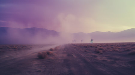 a group of individuals walking along a dirt road, surrounded by ethereal surrealism. the scene is bathed in a captivating blend of light purple and light magenta, creating a sci-fi landscape with dark and foreboding undertones. the image is captured in stunning 8k resolution, reminiscent of american tonalism, while also evoking elements of solarpunk. ai generatedの素材