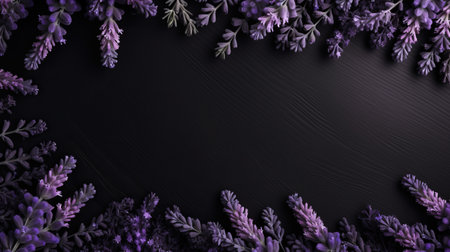 lavender flowers, vibrant and captivating, bloom against a dark background, creating a striking contrast. the image, reminiscent of colorful woodcarvings, showcases photorealistic renderings with intricate borders. this uhd image captures the essence of nature-based patterns, exuding a minimalistic serenity. the matte finish adds a touch of elegance to this captivating photo. ai generatedの素材