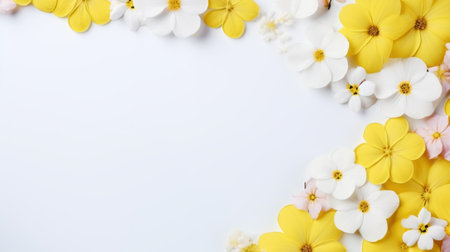 a floral background featuring three small yellow and white flowers. this minimalist-style image showcases paper sculptures and offers a soft focal point. it is a high-quality, uhd photo with a white background. ai generatedの素材