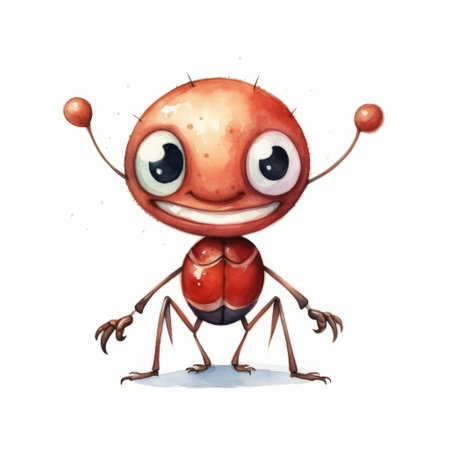 a colorful cartoon red ant, inspired by the playful character designs of goro fujita, jean-baptiste monge, and jessie arms botke. this caricature captures the essence of childlike wonder with its vibrant colors and whimsical style, reminiscent of the artistic movement known as frogcore. ai generatedの素材