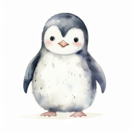 a beautiful penguin image, isolated on a white background, showcases a watercolor painting in the style of childlike illustrations. the artwork features light indigo and gray tones, creating a kawaii art aesthetic. the playful yet dark elements are enhanced by the muted and subtle tones, resulting in a captivating illustration. ai generatedの素材