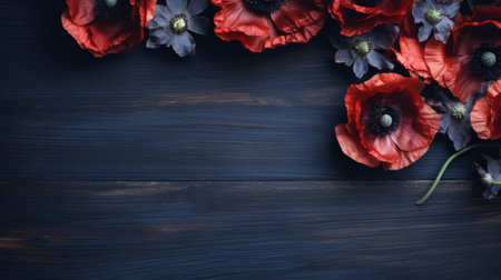 red poppies arranged on a dark table with a blue background, showcasing a captivating blend of navy and black hues. the composition exudes a sense of depth and sophistication, enhanced by the contrasting wood grains and intricate details in the backdrop. the overall aesthetic evokes a festive atmosphere reminiscent of the farm security administration era. ai generatedの素材