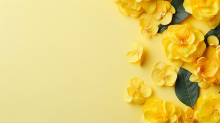 yellow flowers with green leaves are beautifully arranged on a vibrant yellow background. this photo captures the delicate impressionism style, reminiscent of paper sculptures. the sparse background enhances the soft variations of color, creating a visually pleasing composition. shot with a fujifilm x-t4, this image showcases the artistic influence of carl kleiner. ai generatedの素材
