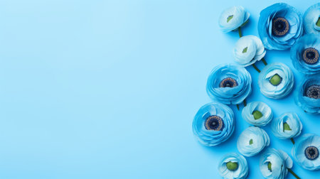 blue anemone flower arrangement on a white and light blue background. the photo features copy space and a flat lay composition with squares. the style of focus stacking, inspired by mandy disher, brings out eye-catching details in light cyan and light black tones. the color scheme includes dark turquoise, light sky-blue, traditional light beige, and sky-blue hues. ai generatedの素材