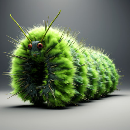 a large green caterpillar insect is showcased in this photo against a gray background. the image is created using the photobashing technique and features elements of furry art and spiral group. rendered in cinema4d by pierre pellegrini, this charming character illustration captures the essence of the caterpillar with its sharp and prickly appearance. ai generatedの素材