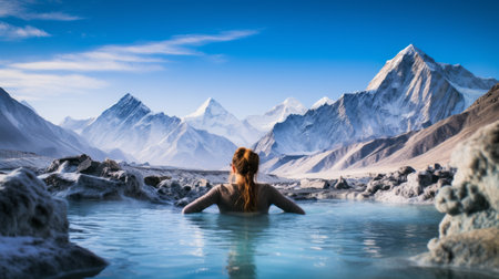 a mountain woman finds relief from the summer heat by cooling off in ice-cold water. the photo captures the essence of exotic landscapes with its dark turquoise and light red hues. the saturated pigment pools add a touch of vibrancy to the scene. the craftsmanship of the image is eco-friendly, showcasing a harmonious blend of dark violet and sky-blue tones. the photo is presented inの素材