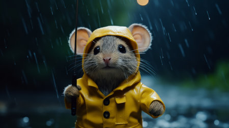 a cute little mouse wearing a yellow raincoat stands with a fishing pole in hand. this rendered image, created in cinema4d, showcases the mouse in an environmental portrait. the style of the image is influenced by quantumpunk, with realistic depictions of inclement weather and night photography. the image is rendered using rtx technology and unreal engine. ai generatedの素材