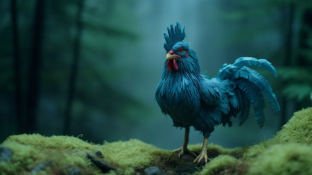 a rooster, crafted in the style of zbrush, stands amidst lush moss near a tree. the dark cyan and indigo hues bring out its inventive character design. this miniature diorama captures the essence of pop culture references. the rooster, meticulously made of feathers, is beautifully showcased through the lens of macro photography. ai generatedの素材