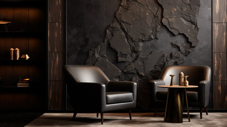 an antique black corner featuring two leather chairs and a table, designed in a style reminiscent of crystalline and geological forms. the image showcases the use of octane render to create texture-rich and layered surfaces. the design incorporates screen tones, aquirax uno, and rough textures for added visual interest. ai generatedの素材