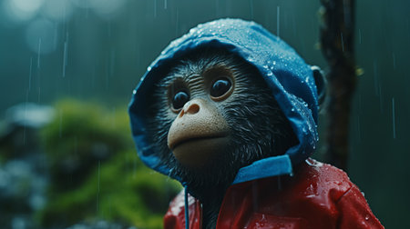 monkeys in the rain wallpaper featuring detailed character illustrations rendered in cinema4d. this evocative environmental portrait showcases the monkeys in a vibrant red and blue setting. captured with a sony alpha a7 iii, the image is presented in stunning 32k uhd resolution. created using unreal engine 5, this wallpaper is a captivating addition to any collection. ai generatedの素材