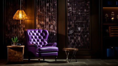 purple leather armchair with a lantern, complemented by a dark wooden ceiling. the intense and dramatic lighting style enhances the vibrant colors. this high-quality photo captures the essence of ren lalique's design, showcasing spectacular backdrops and highly polished surfaces. the wallpaper adds an extra touch of elegance. shot on fujifilm eterna vivid 500t, this image is visually captivating. ai generatedの素材