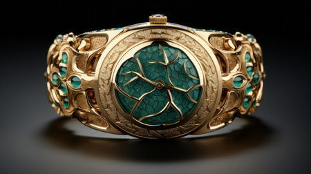 an exquisite emerald gemstone jewelry ring, featuring a stunning eighteen carat gold frame. this nature-inspired art nouveau piece draws inspiration from the intricate depictions found in the shang dynasty. with clockpunk influences and detailed nature motifs, this ring showcases mechanical sculptures in a captivating dark turquoise and light beige color palette. the high-resolution image measures 3840x2160, allowing for a closer look at its mesmerizing details.の素材