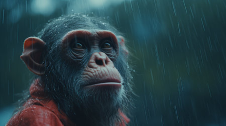 a monkey in red braving the rain, depicted in a cinema4d rendered style. this 8k image showcases precisionist lines, capturing the raw emotions of the animal. the hyper-realistic illustration, created using unreal engine 5, features a striking combination of dark cyan and red hues. ai generatedの素材