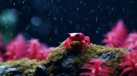 red frog perched on a green rock during rain, captured in high definition. this stunning wallpaper showcases the hyperrealistic marine life created by artist jeeyoung lee, rendered in the style of unreal engine. the diorama-like composition, combined with the bokeh effect, creates a captivating visual experience. the dark navy and light magenta tones add depth and intrigue to this time-lapse photograph. ai generatedの素材