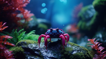 a felt stop-motion crab in the rain, captured in a stunning 4k image. this photo showcases a dark pink forest in turkey during a storm, with a shallow depth of field adding depth and intrigue. the scene is bathed in shades of pink and a touch of blue, creating a mesmerizing and low saturation atmosphere. ai generatedの素材