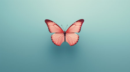 a butterfly perched on a vibrant blue background, featuring a light pink and light maroon color scheme. this 8k 3d image showcases minimal retouching, with accents of light emerald and red. the stunning beauty of this realistic yet stylized composition is enhanced by the sparse and deliberate use of color. ai generatedの素材