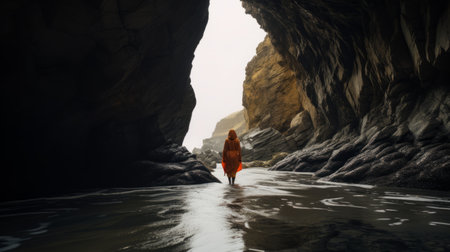 a person walks through a cave, embodying the zen buddhism influence in this photo by sacha goldberger. the coastal scenery, with its dark orange and gray hues, adds to the serene atmosphere. the image captures the essence of religious subjects and beach portraits, reminiscent of the san francisco renaissance. ai generatedの素材